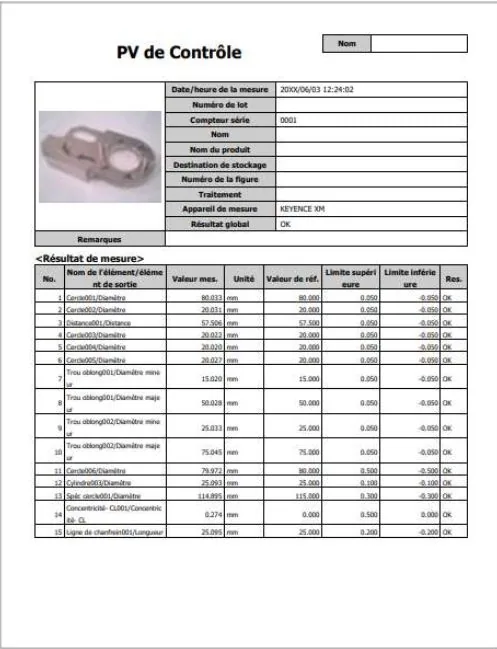 Rapport de contrôle dimensionnel individuel remis avec les pièces — Alésage XC, Le Châtelet-en-Brie (77)